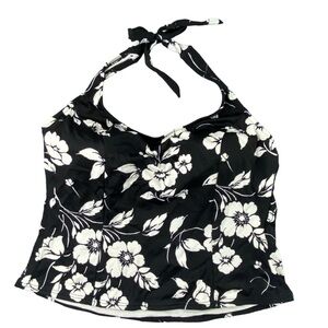 Miraclesuit black and white floral print tankini halter swim top wms sz 14
